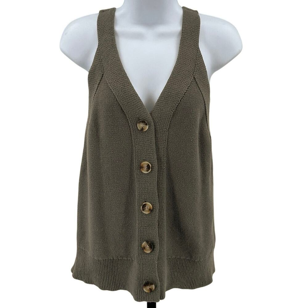 Loft Outlet Tank Top Womens Sz S Gray V Neck Button Up Ribbed Knit Preppy Casual